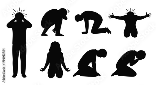 collection of silhouettes depicting people with various emotions of sorrow and sadness.