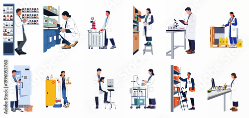 Vector illustration set of scientists and lab technicians conducting research, managing inventory, and using equipment in a laboratory environment.