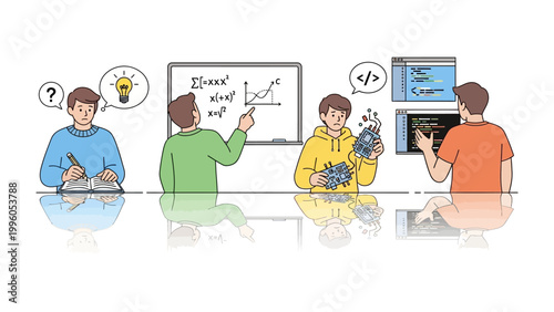 Tableau sur toile Brainstorming Innovation: A group of individuals is immersed in a collaborative environment, with each person actively engaged in different aspects of innovation