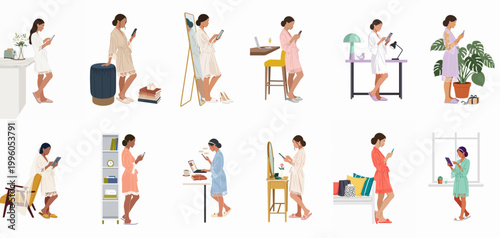 Flat Illustration Set of Diverse Women in Bridal Robes Using Smartphones and Digital Devices in Various Indoor Settings