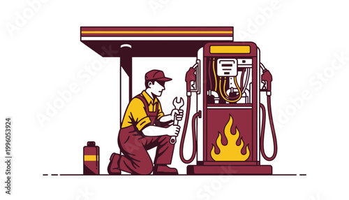 Gas pump mechanic repairing a fuel nozzle at a service station