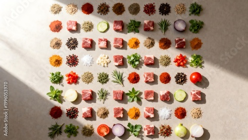 Precision Ingredient Grid Top View Clean Minimal Commercial Food Layout