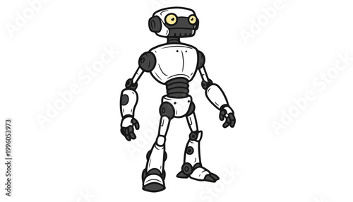 A robot character in a black and white cartoon illustration style
