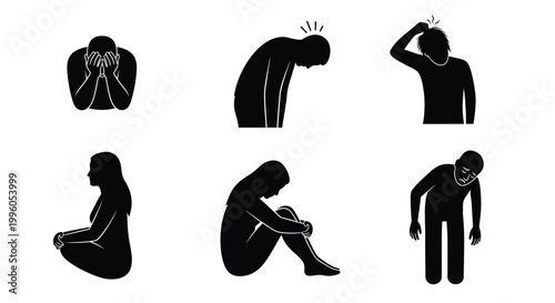 Set of black silhouettes showing people suffering from stress anxiety and sadness.