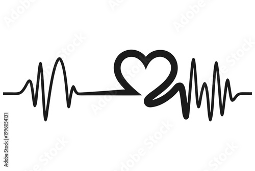 Black heartbeat line with heart symbol, medical ekg pulse electrocardiogram