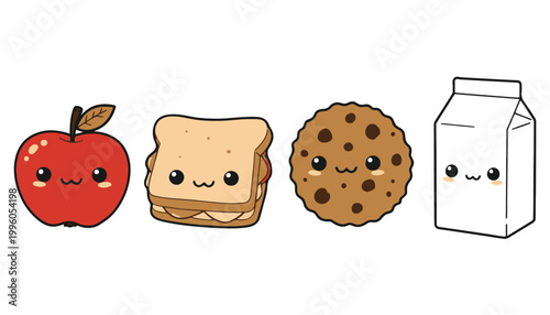 A cartoon illustration of food items with smiling faces on a white background