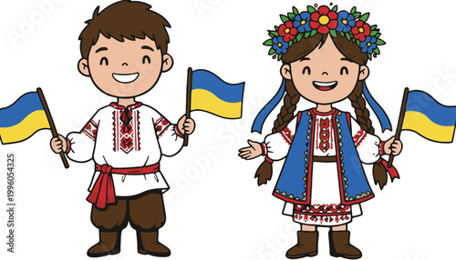 Ukrainian flag vector illustration of happy children in traditional clothing