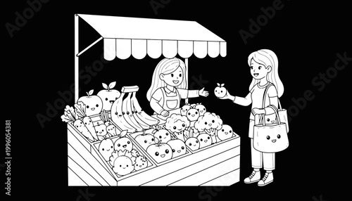 A cartoon illustration of a girl buying cute fruits from a vendor
