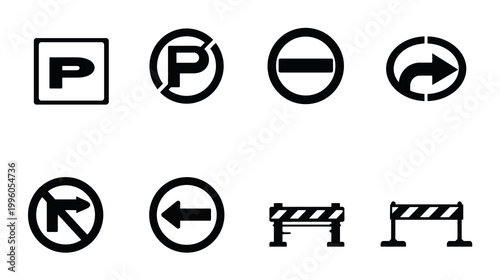 Icon Collection of Road Signs Featuring Parking, No Entry, Prohibited Turn, U-Turn, and Roadblock Symbols