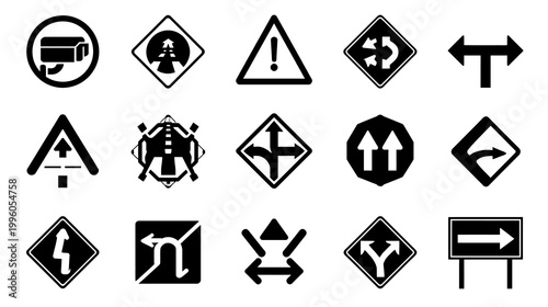 Traffic Sign Icon Collection, Road Safety Symbols, Digital Illustrations, Black Shapes, Iconography Viewpoint