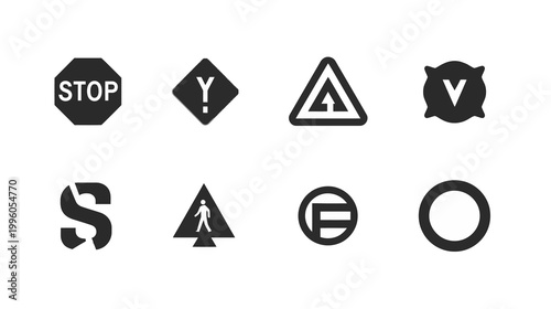 Stop, Yield, Speed Bump, Pedestrian Crossing, Roundabout Symbols