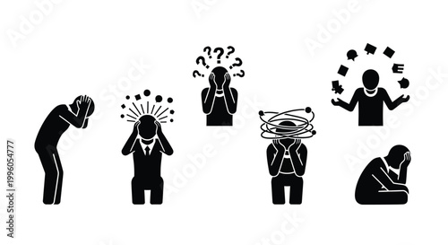 Stressed people silhouette icons set depicting mental health and burnout situations.