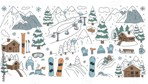 Mountain winter scenery with snow covered trees and ski resort vector illustrations