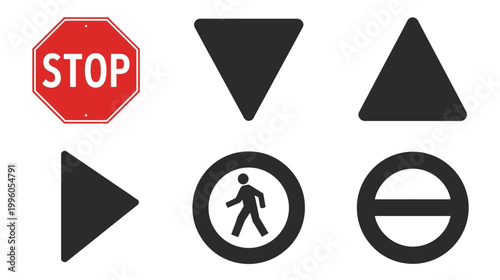 Stop, Yield, Pedestrian, Roundabout, Speed Bump - Flat Black Shapes, Graphic Design, Digital Art