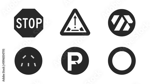 Traffic Sign Icon Collection, Minimalist Design, Monochrome Style, Digital Graphics, Urban Environment, Flat Design Concept
