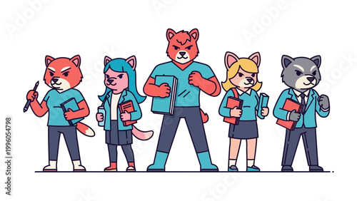 Furry Teamwork: A stylized group of anthropomorphic animals stand together, exuding confidence and camaraderie. Each character, a unique fusion of animal and human traits.