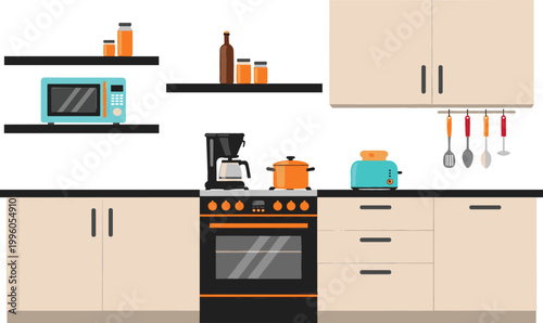 Modern Kitchen Interior Illustration with Stove, Microwave, Coffee Maker, Toaster, and Kitchen Utensils for Home, Cooking, and Interior Design Graphics