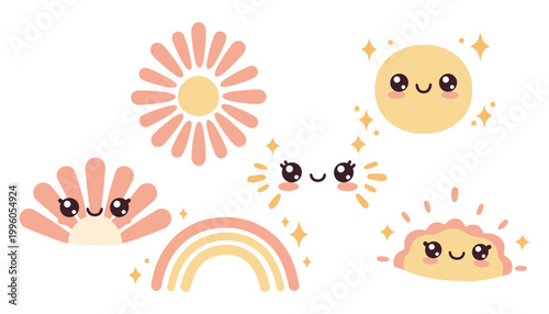 A whimsical illustration of smiling sun, flower, and rainbow icons in pastel colors