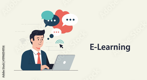 Man learning online via laptop with speech bubbles, representing e-learning and communication