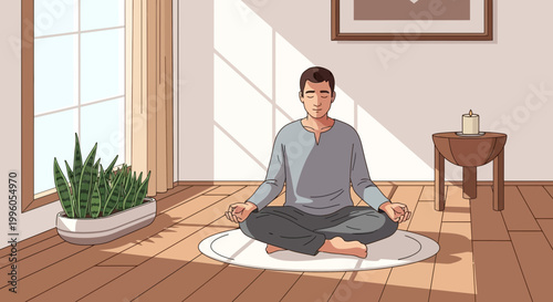 Man Meditating in Sunlit Room, Practicing Yoga and Mindfulness for Inner Peace