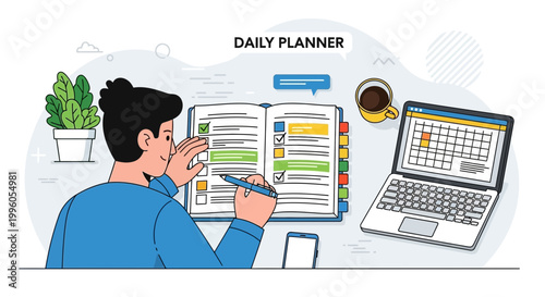 Man planning daily tasks in planner book with laptop and coffee