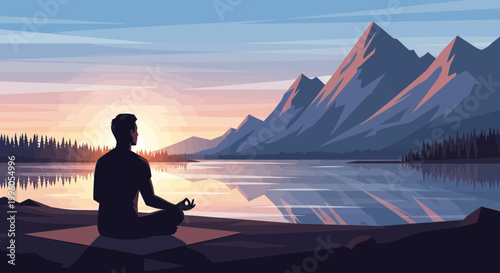 Man meditating by serene lake at sunrise, mountain landscape, pixel art style