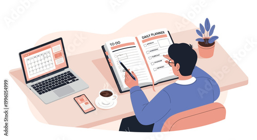 Man planning daily tasks in planner, laptop, coffee, and smartphone on desk