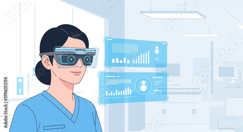 Nurse using AR glasses in hospital, accessing patient data on futuristic interface