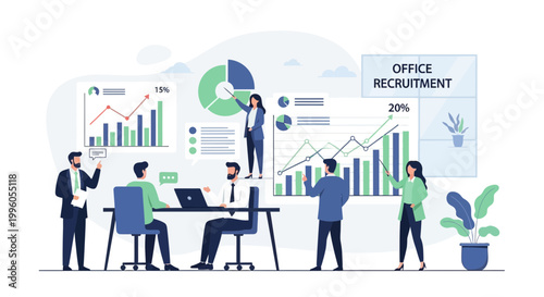 Office Recruitment Team Analyzing Business Growth Charts and Data