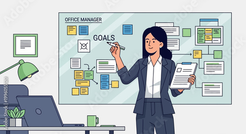 Office manager plans goals on whiteboard with sticky notes and flowchart