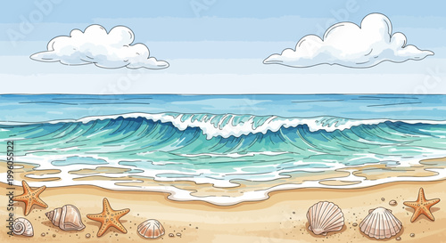 Ocean wave crashing on sandy beach with seashells and starfish, sunny day, summer vacation