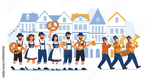 Oktoberfest Parade: People in Traditional Bavarian Costumes and Brass Band Marching