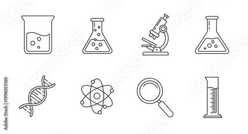 Science laboratory equipment and symbols line art illustration.