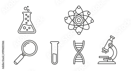 Collection of science and research icons in outline style.