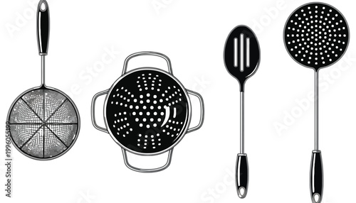 Kitchen utensils including a colander and strainer in vector silhouette illustrations