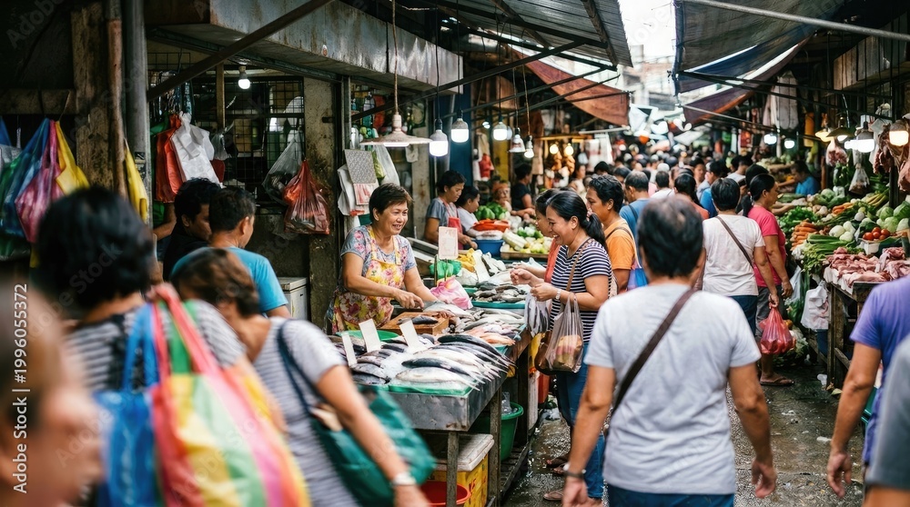 Obraz premium Bustling outdoor market with vendors and shoppers