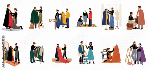 Professional tailors and dressmakers working on bespoke garments, fitting clothes, and designing unique outfits for clients in various creative atelier settings.