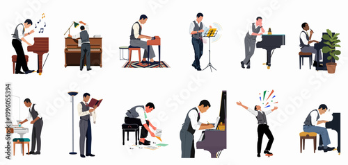 Set of flat vector illustrations of male musicians and composers playing piano, writing music, and performing in various creative poses.