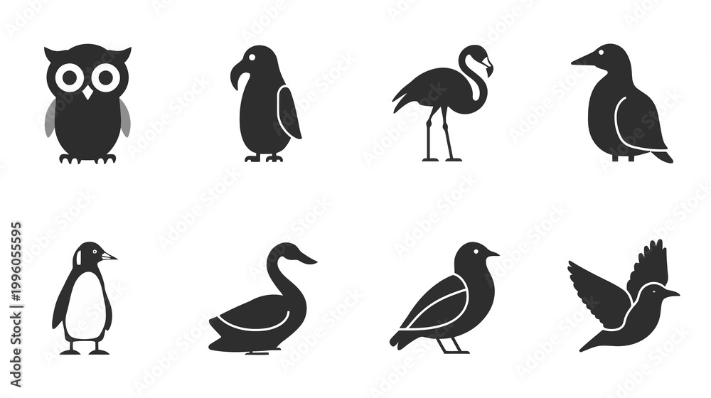 Fototapeta premium Owl, Flamingo, Penguin, Swan, Sparrow on White Background
