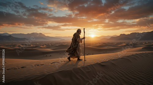 Elderly man walking with a staff in the desert at sunset. Biblical figure concept in a vast sandy landscape