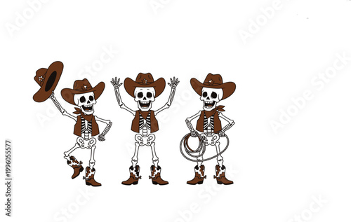 Four cartoon skeletons dressed as cowboys cheerfully pose for a scene