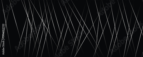 Straight chaotic random lines background. Intersecting white lines on a black background