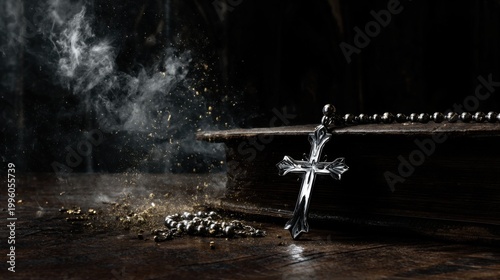 Silver Cross and Rosary with Smoke on Dark Wood Background