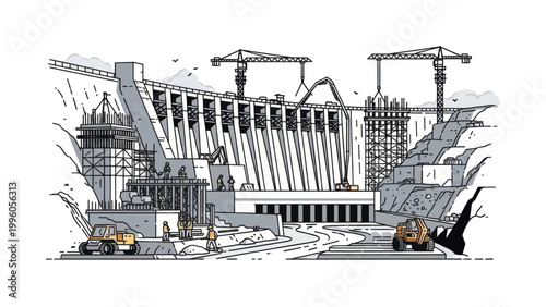 Hydroelectric Dam Construction Illustration with Cranes and Workers for Renewable Energy and Infrastructure Projects