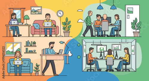 Diverse Work Environments Illustrating Remote, Hybrid, and Traditional Office Settings for Modern Professionals