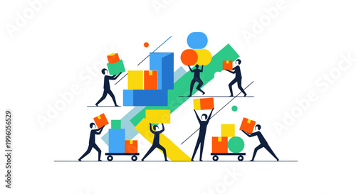 Illustration of people building with colorful blocks and boxes, representing teamwork and collaboration