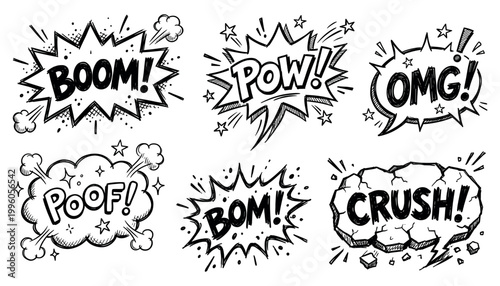 Set of hand drawn elements doodle comics isolated on white background. Speech bubbles with the words bom, boom, pow, poof, omg, crush
