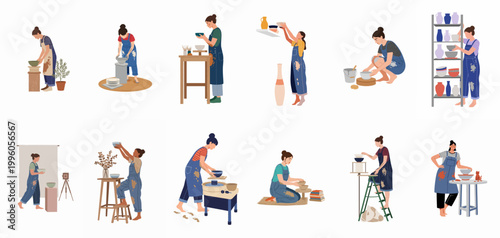 Collection of female potters and ceramic artists engaged in various stages of pottery making, from wheel throwing to finished work, flat vector illustration.