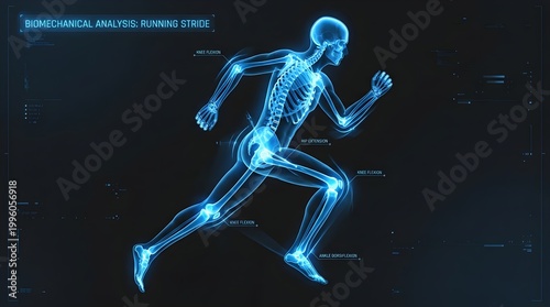 Human anatomy skeleton motion digital rendering shows joint articulation during athletic running stride with skeletal system structure highlight and body mechanics analysis glowing blue on dark