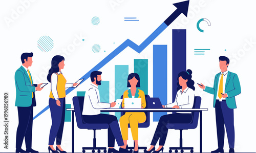 Illustration of Business people discussing growth graph